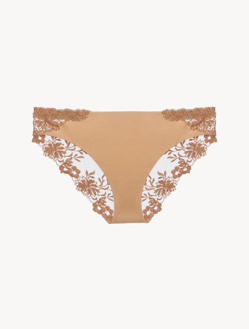 Medium Brief in beige Lycra with embroidered tulle_0