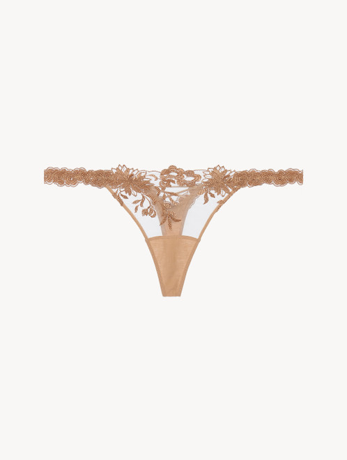 Thong in beige Lycra with embroidered tulle_8