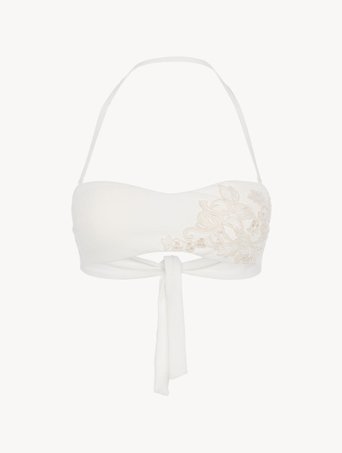 Bandeau Bikini Top in off-white with ivory embroidery_0