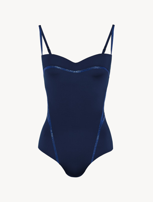 Underwired navy swimsuit with metallic embroidery_0