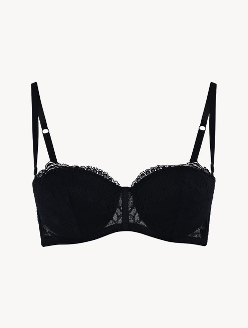 Black non-wired bandeau bra with macramé, La Perla Womens Bras