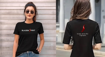 Our premium black branded T-Shirt for the Blazen Spirit lady.  Red Foil Tribal Wing.