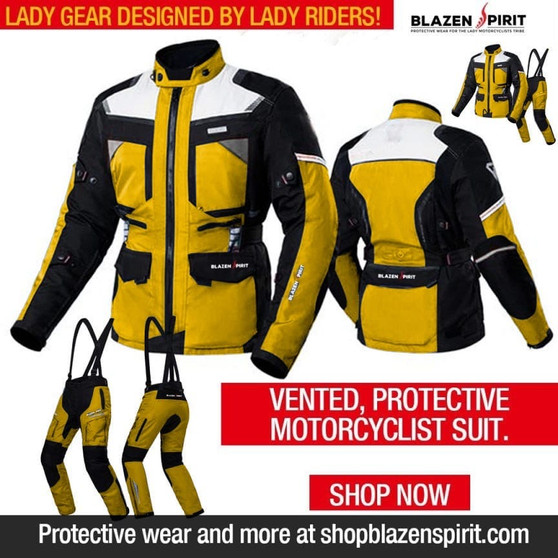 Dark yellow for safety and visibility, yellow, green, red and white are the best colors for visibility.  You may choose custom and we can get your color and fit to perfection for your lady rider journey.