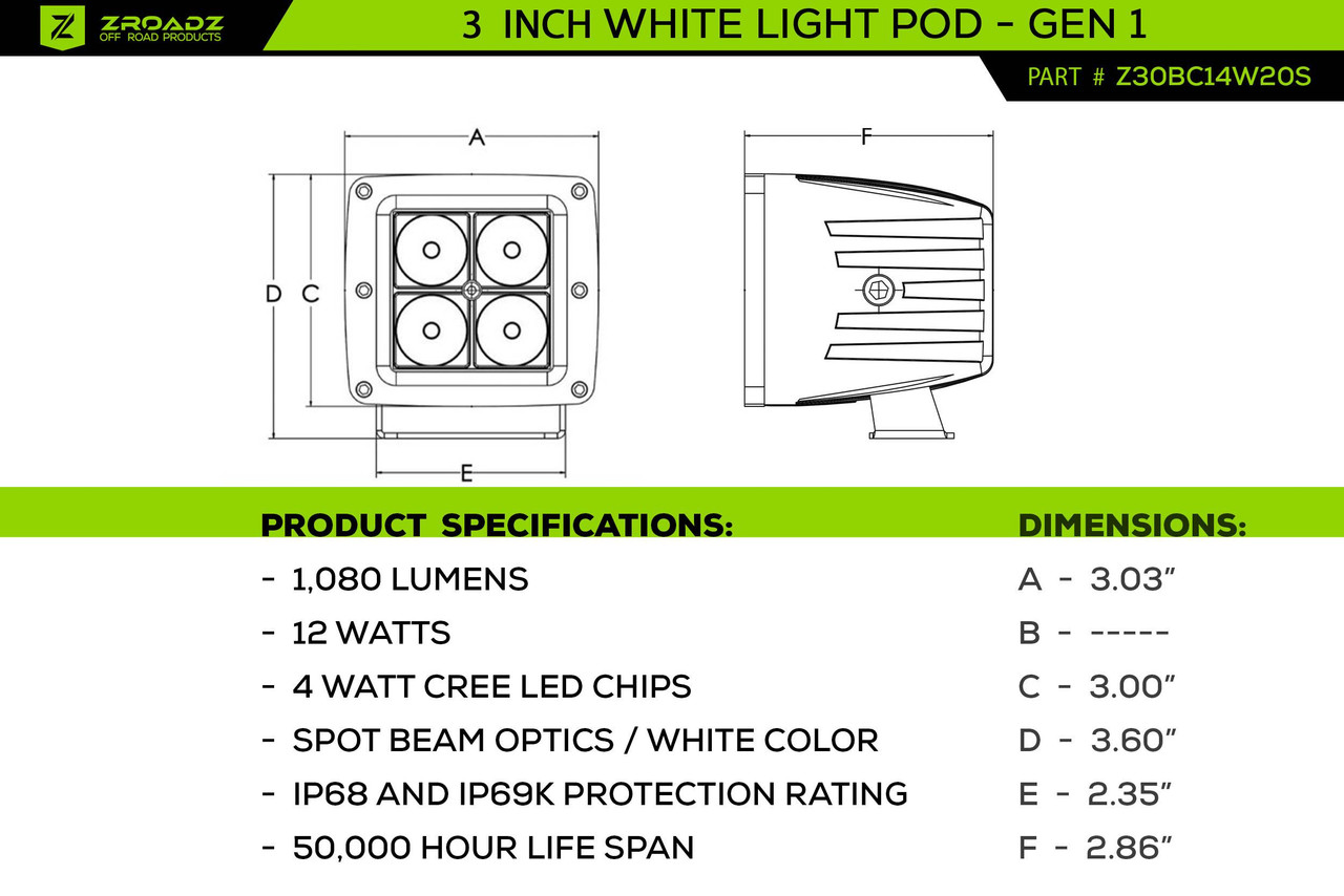 Zroadz Z30BC14W20S Spot Light Pod