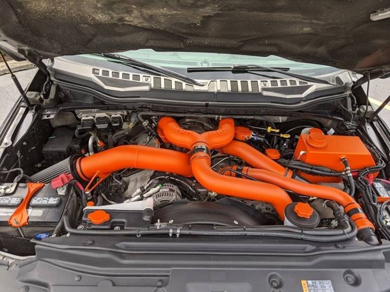 MPD UPPER COOLANT HOSE KIT-2017-2022 Powerstroke (67-PSD-1722-COOLHOSE)Orange Kit In Use View