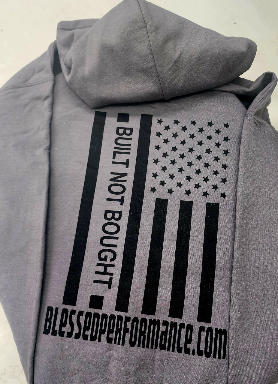 "Built Not Bought" Black on Grey Flag design hoodie (BNBBLKONGREYHOODIE) Back View