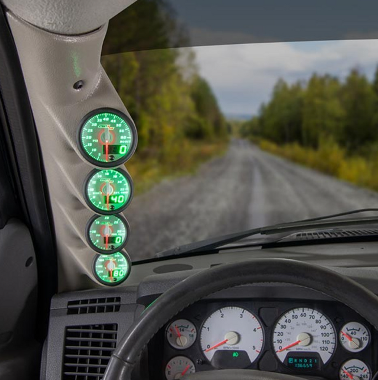 Glowshift MaxTow Quad Gauge Package for 2003-2009 Dodge Ram Cummins (MT-463G-DV-PKG)-In Use View