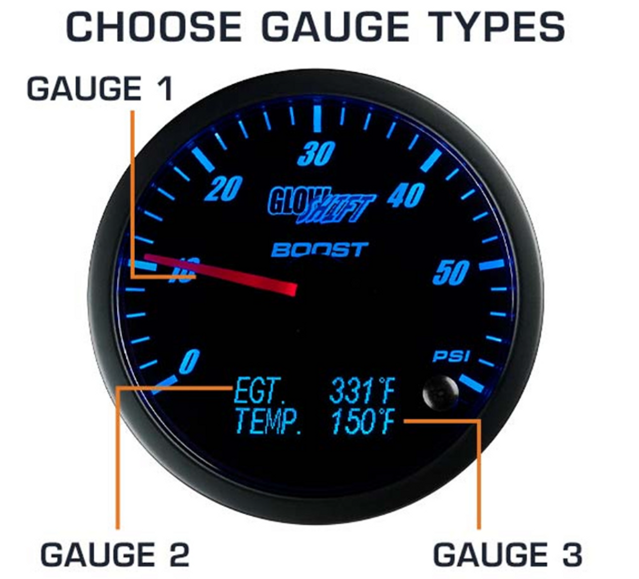 Glowshift 3in1 Series Single Gauge Package for 2003-2009 Dodge Ram Cummins (GS-603-3G-PKG)-Gauge Face View