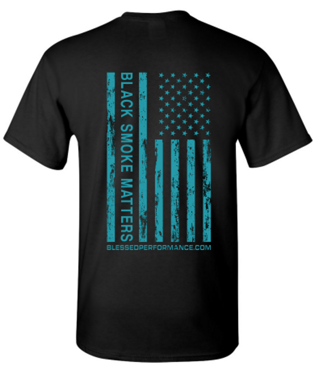  "BLACK SMOKE MATTERS" Teal on Black Flag Design T-Shirt (BSM_T&B_SHIRT) Back View