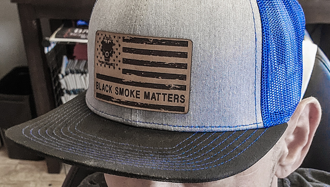 Leather Patch "BLACK SMOKE MATTERS" Navy Bill on Grey into Blue Hat - In Use
