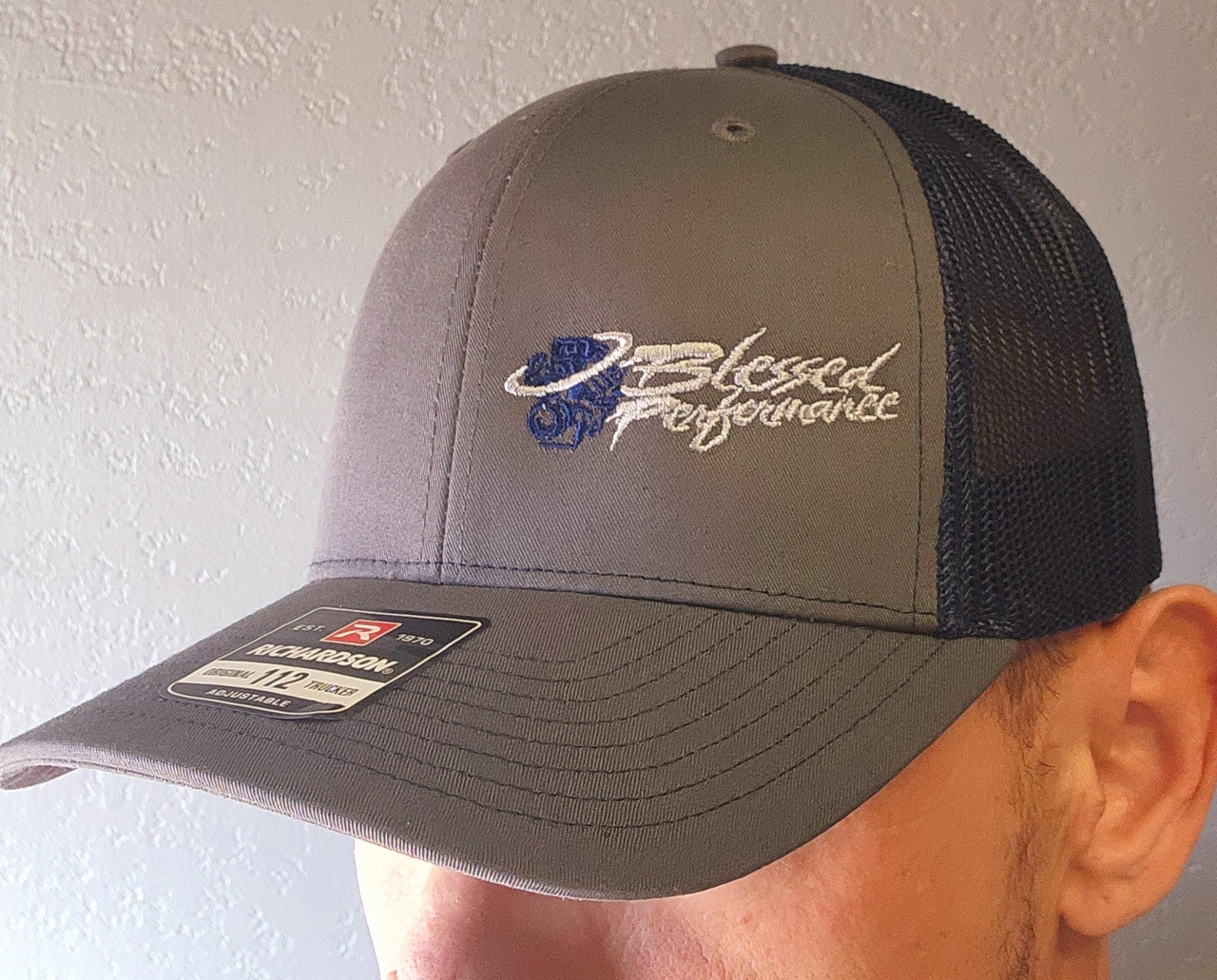 Modern Logo Grey on Navy Blue Hat (BP_ML_GOB_HAT) In Use View