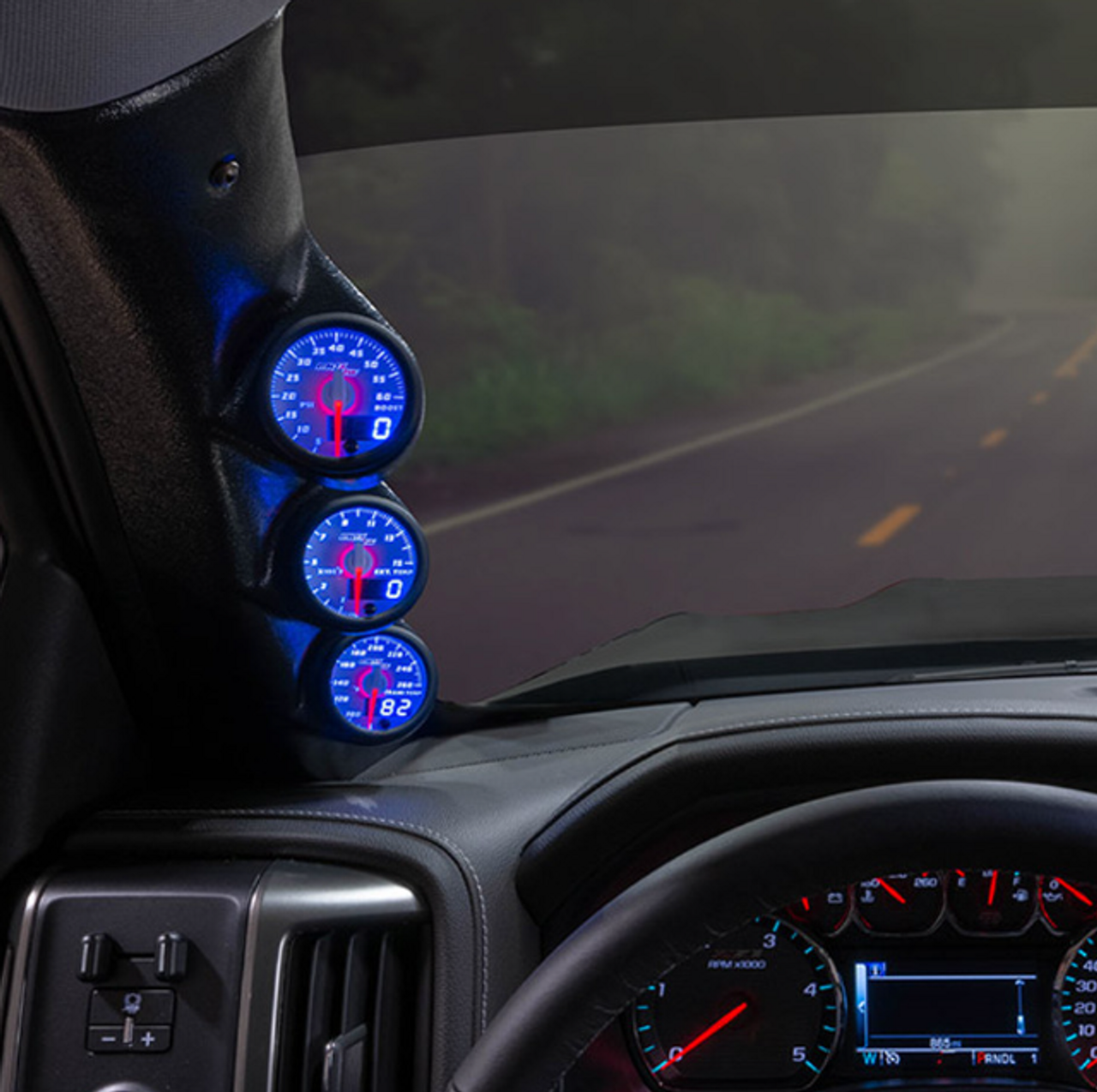 Glowshift MaxTow Triple Gauge Package for 2014-2019 Chevrolet Duramax (MT-389-DV-PKG)-Main In Use View