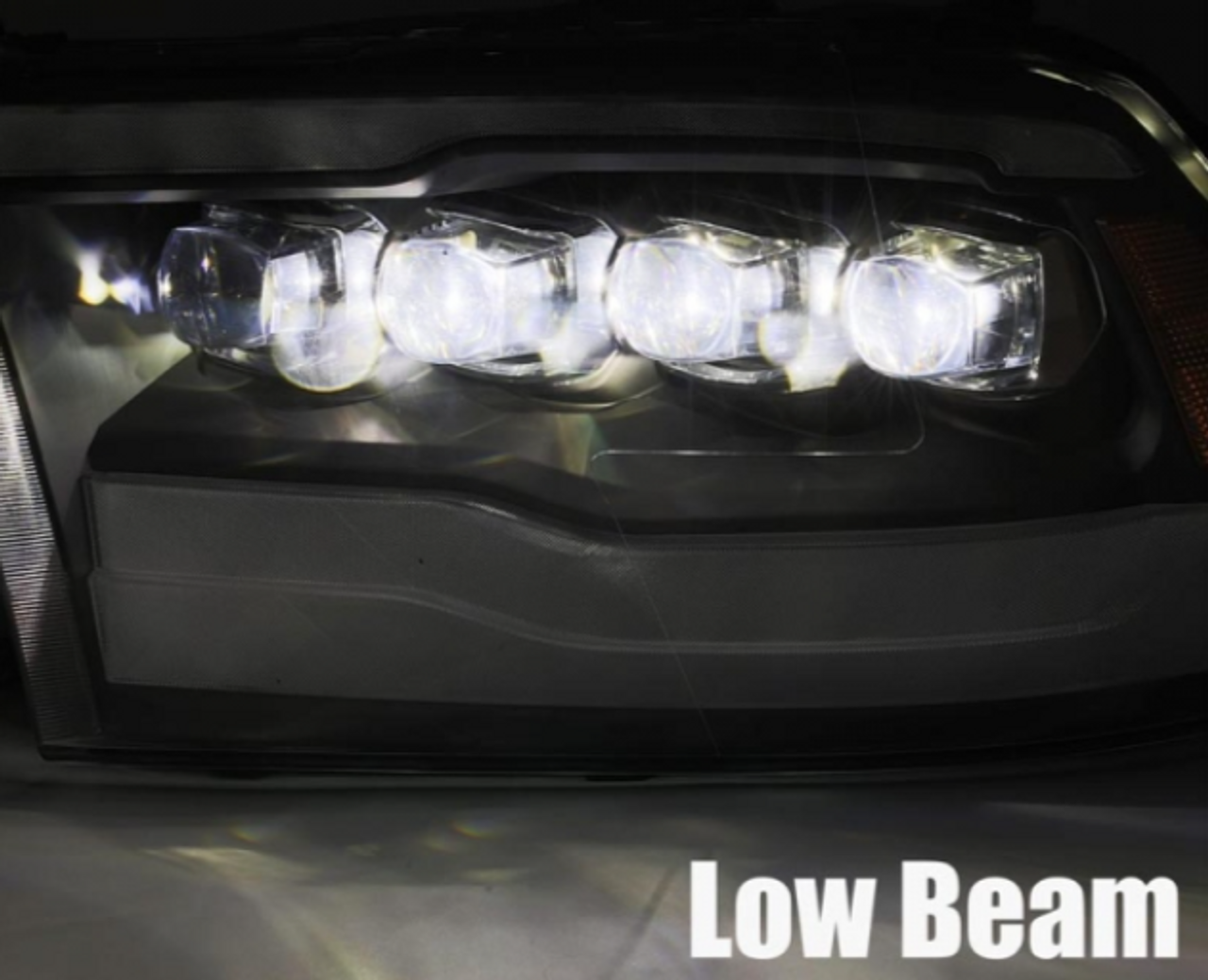 AlphaRex NOVA Series Black LED Projector Headlights 2010 to 2018 Ram 2500/3500 (Wiring Conversion adapter required on Trucks with Stock Projector Headlights) (ARX880541)-Low Beam View