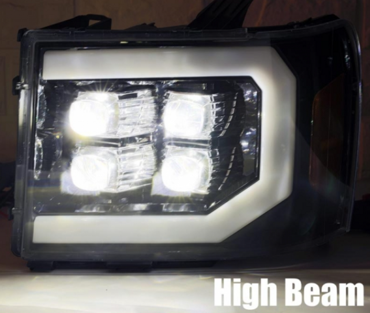 AlphaRex NOVA Series Gloss Black LED Projector Headlights 2007.5 to 2014 Sierra 2500HD/3500HD (880609)-High Beam Light View