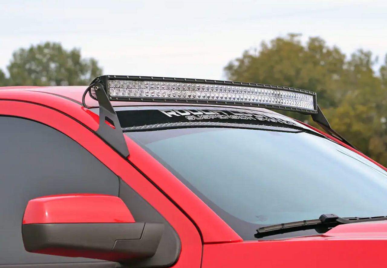 Rough Country LED Light Mount (Upper Windshield; 54" Curved) 2015 to 2019 Chevy/GMC 2500HD/3500HD (70514A)-In Use View (LIGHT BAR NOT INCLUDED)