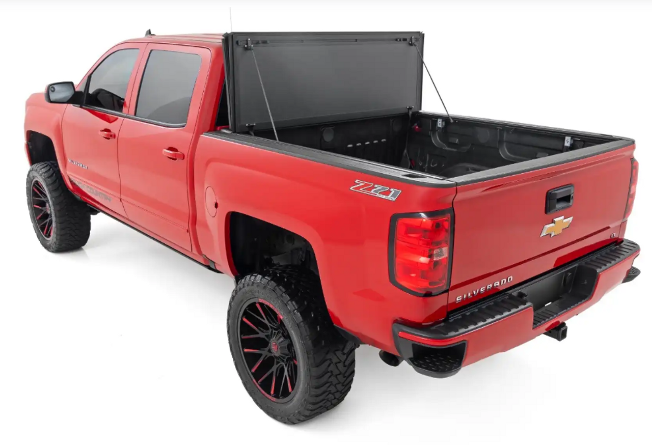 Rough Country Hard Tri Fold Flip Up Bed Cover 2014 to 2019 Chevy/GMC 2500HD/3500HD-Up View