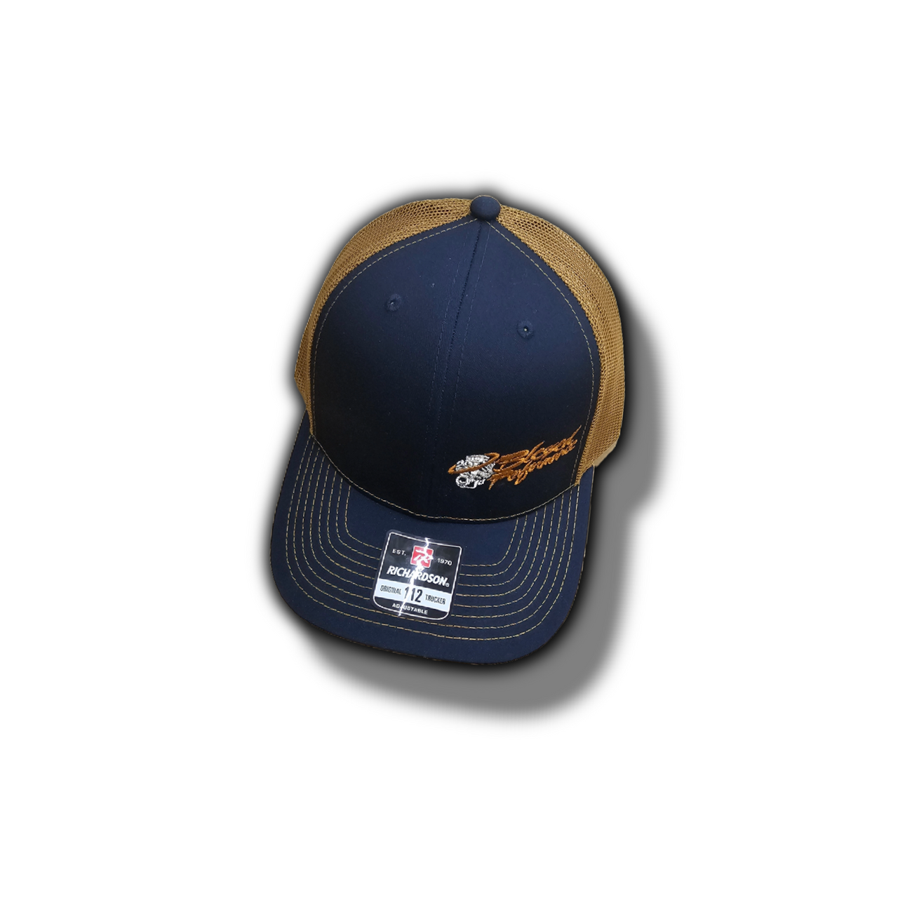 Blessed Performance BROWN ON DARK BLUE Side Stitch LOGO Trucker Hat (BPSSLBNB_TRUCKER) New View