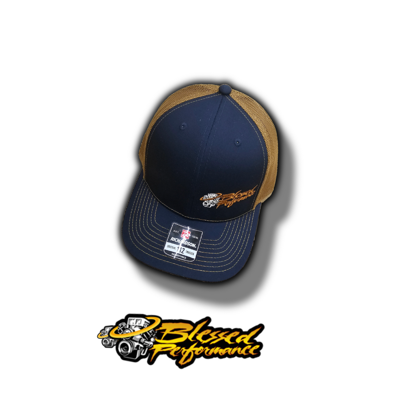 Blessed Performance BROWN ON DARK BLUE Side Stitch LOGO Trucker Hat (BPSSLBNB_TRUCKER) Other View