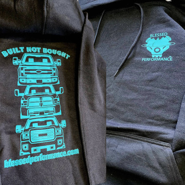 Built Not Bought Truck Grille Hoodie Teal on Black (BPTruckHoodieTB) Main View