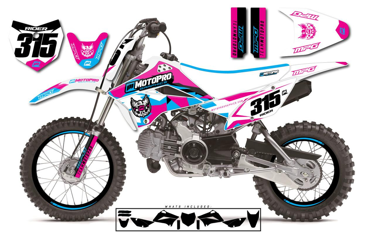 Custom Kawasaki KLX110 Pit Bike POLY PINK Series Graphics - FREE