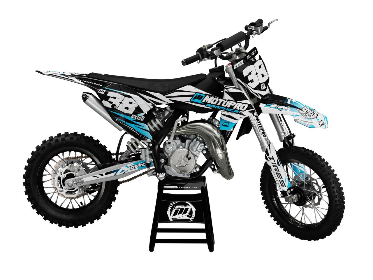 Custom 65 SX Dirt Bike BLITZ CYAN Series Graphics Set - FREE