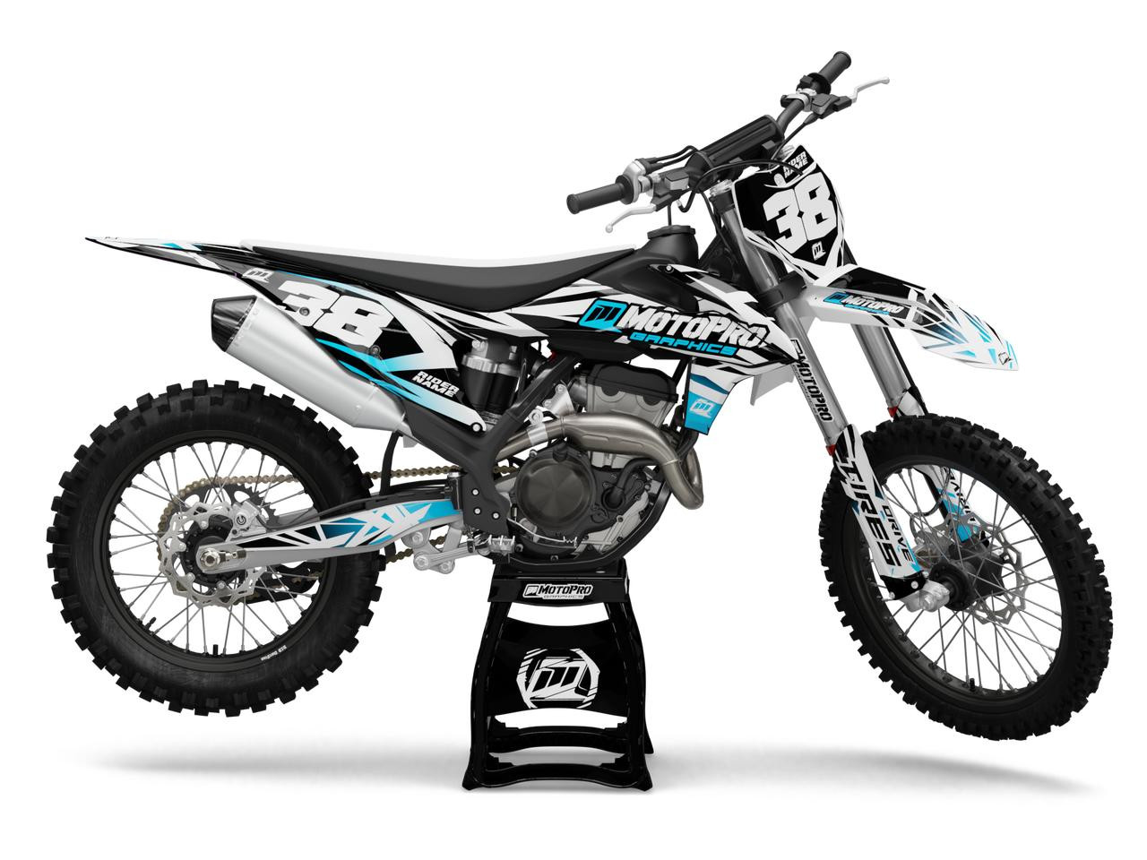 Custom KTM Dirt Bike Blitz White Cyan Graphics Set - MotoPro Graphics