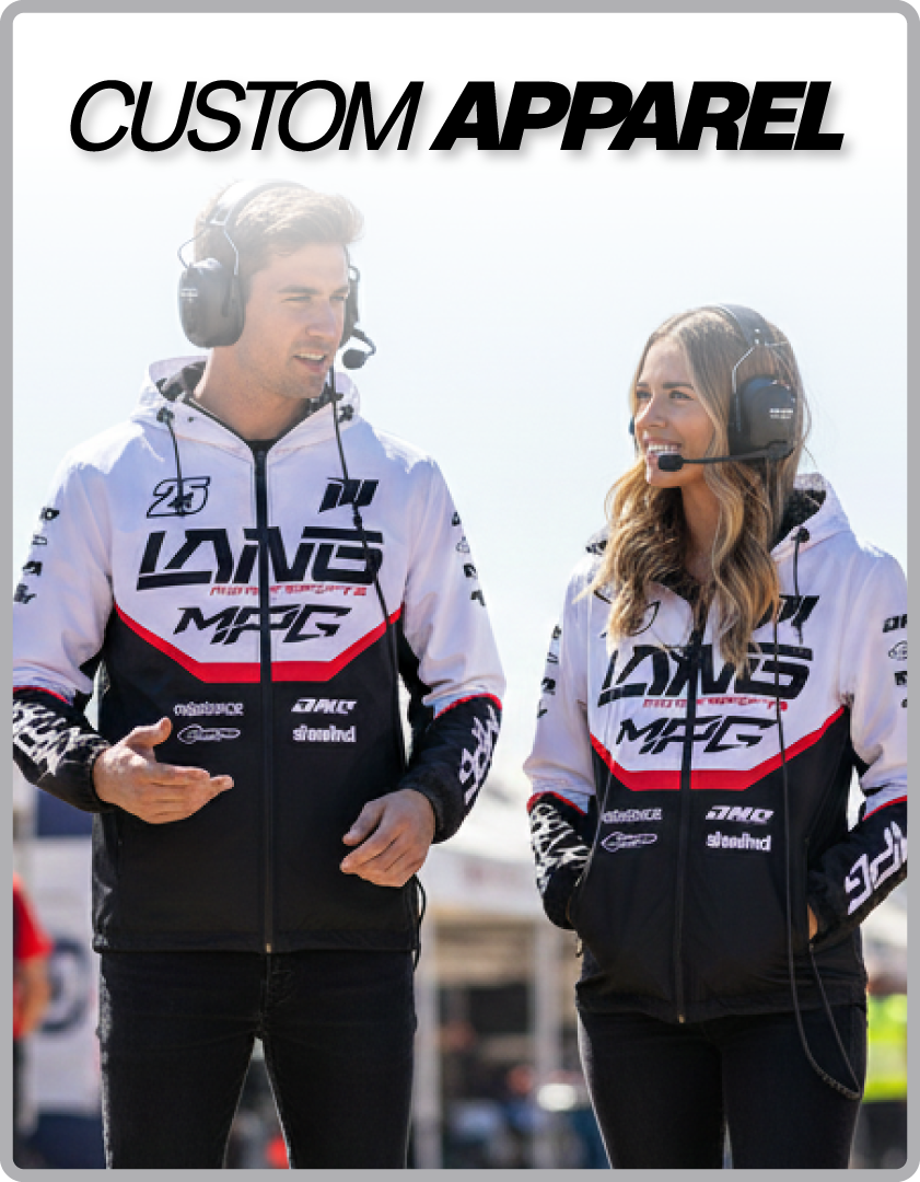 Custom sublimated racing team shirt designed for pit crews and trackside staff