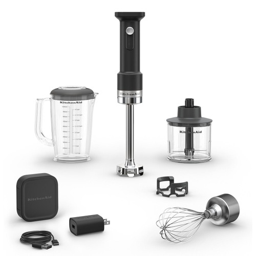KitchenAid Cordless 12V Hand Blender in Black Matte with Battery, USB-C Cable, & Wall Adapter (KHBRV75BM)