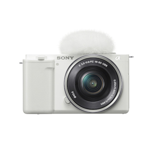 SONY ILCZVE10LW Alpha ZV-E10 - APS-C Interchangeable Lens Mirrorless Vlog Camera Kit - White View From the Front Perspective of Product