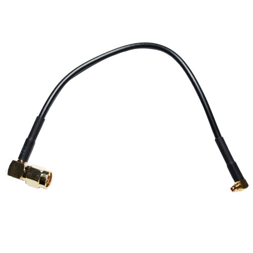 MMCX male Right-Angle To SMA-Male Right-Angle cable with options of 6-inch, 8-inch, and 10-inches.  We use double-shielded, low-loss cable with a black jacket.
