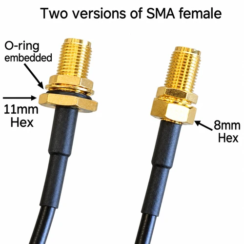 On the left is the version with a 7/16" (diameter) flange on the female connector:  This has an embedded o-ring for weatherproofing.  On the eight is the version with a 5/16" (diameter) flange on the female connector:  This version does not have an embedded o-ring.
