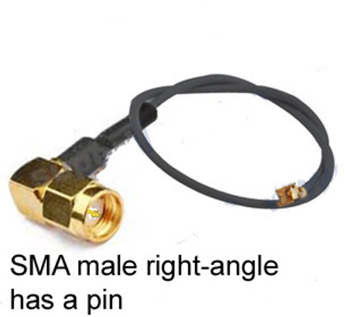 SMA male (right angle) connector has a pin.  Cable to U.FL (right-angle type) with length options: 4-inch, 6-inch, 8-inch