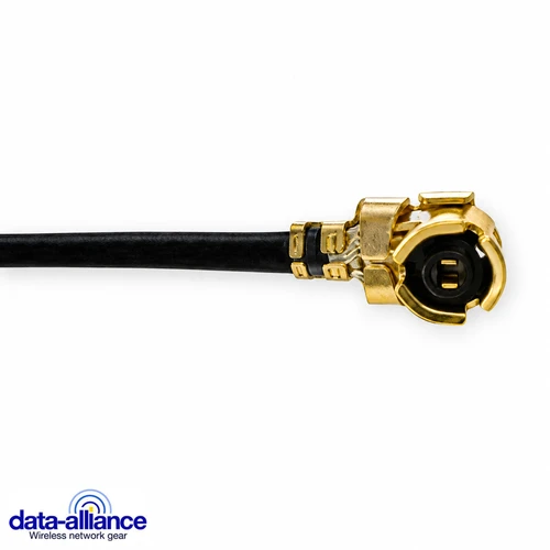 Close-up of a gold U.FL female connector attached to a black coaxial cable.