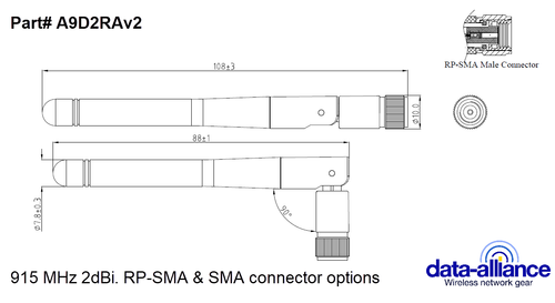 Diagram of 900 MHz dipole antenna with RP-SMA