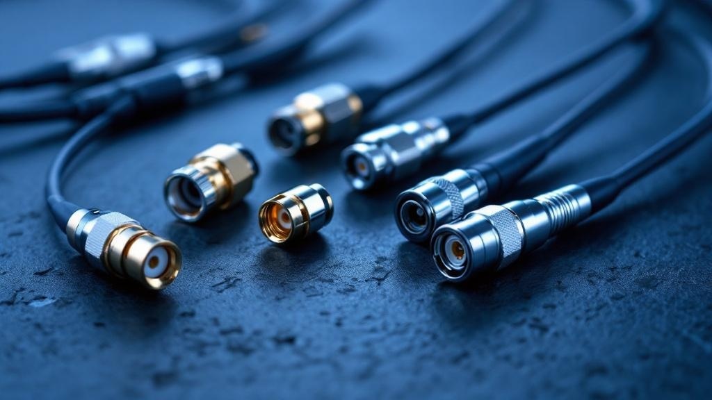  RF antenna cable connectors including SMA, N-type, RP-SMA and U.FL laid out on a dark surface with coaxial cables