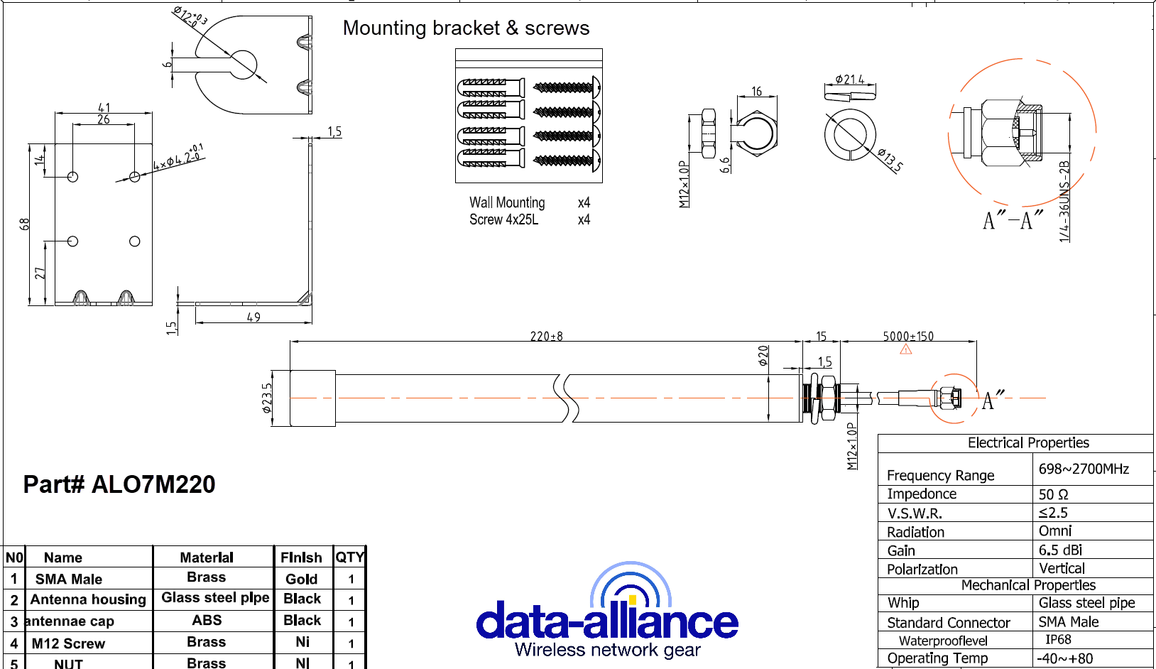 Outdoor LTE antenna with wall-mount bracket and cable to SMA