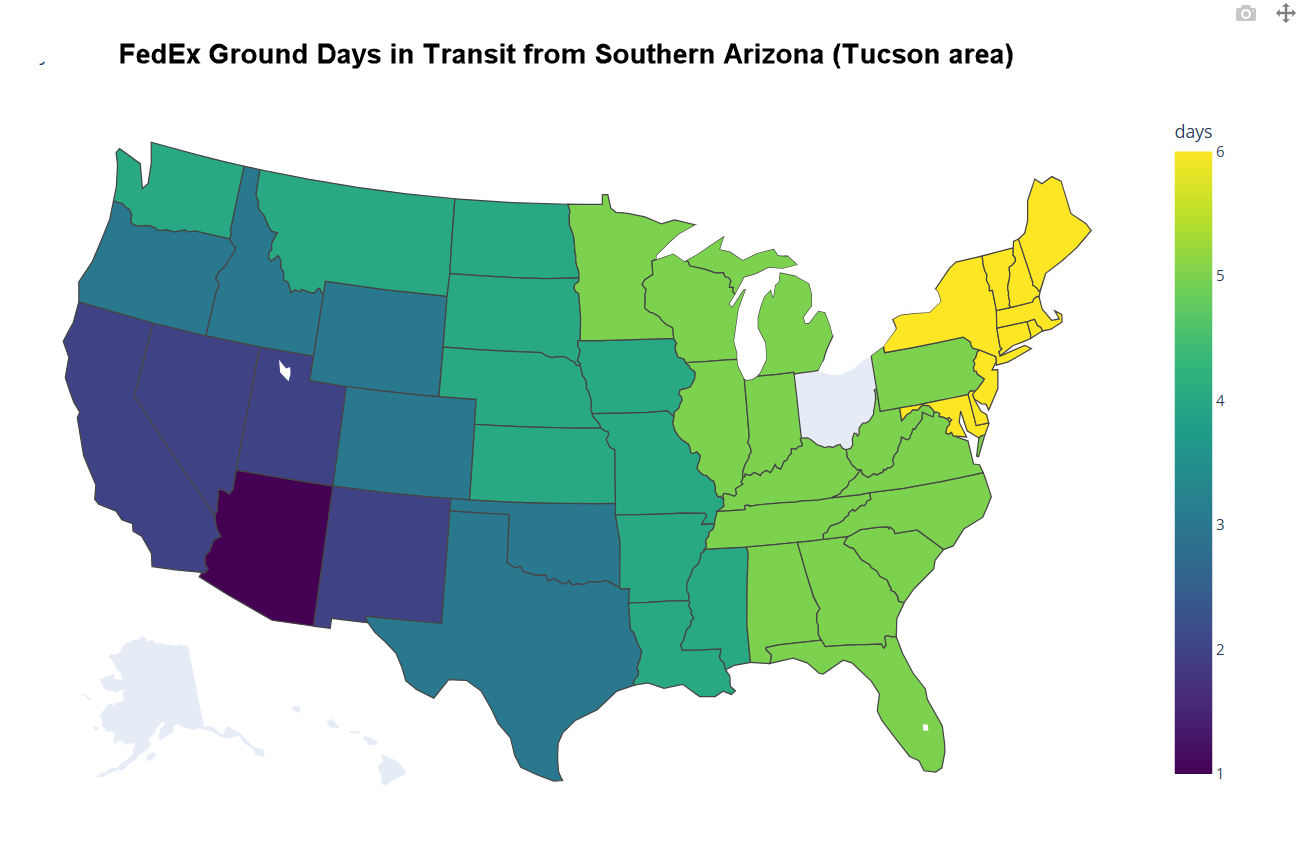 FedEx Ground map of days in transit from Tucson, Arizona FedEx Ground map of days in transit from Tucson, Arizona