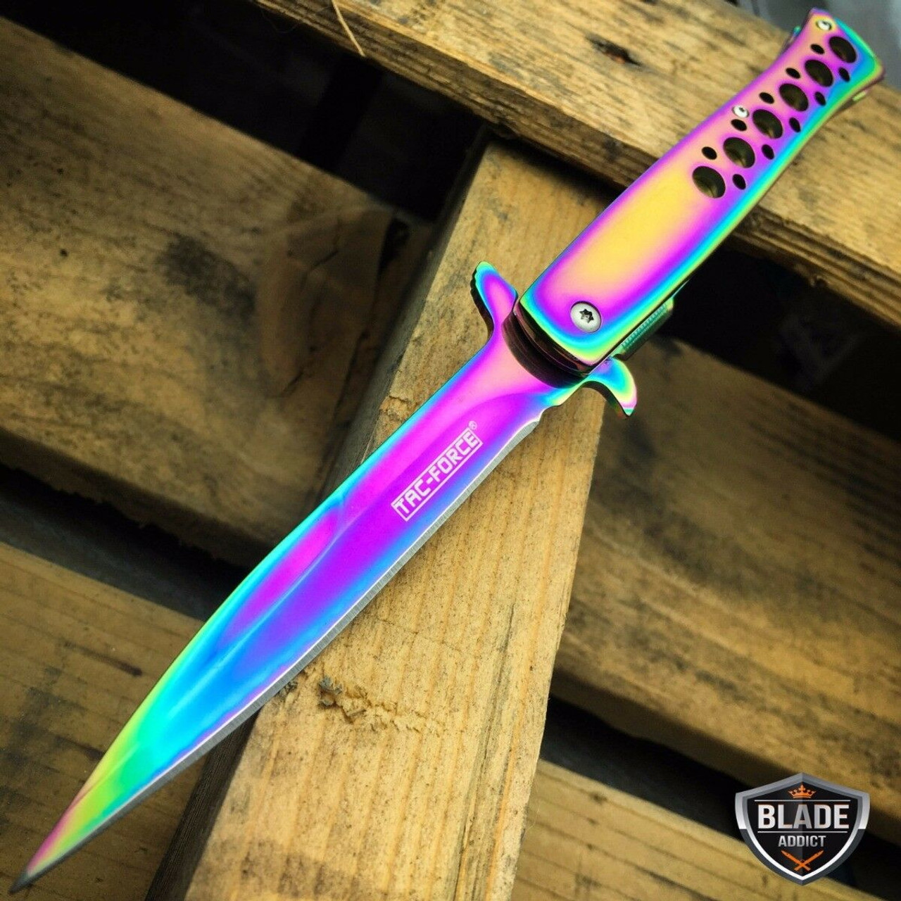 9 TAC-FORCE LARGE RAINBOW STILETTO SPRING ASSISTED FOLDING POCKET KNIFE  Open