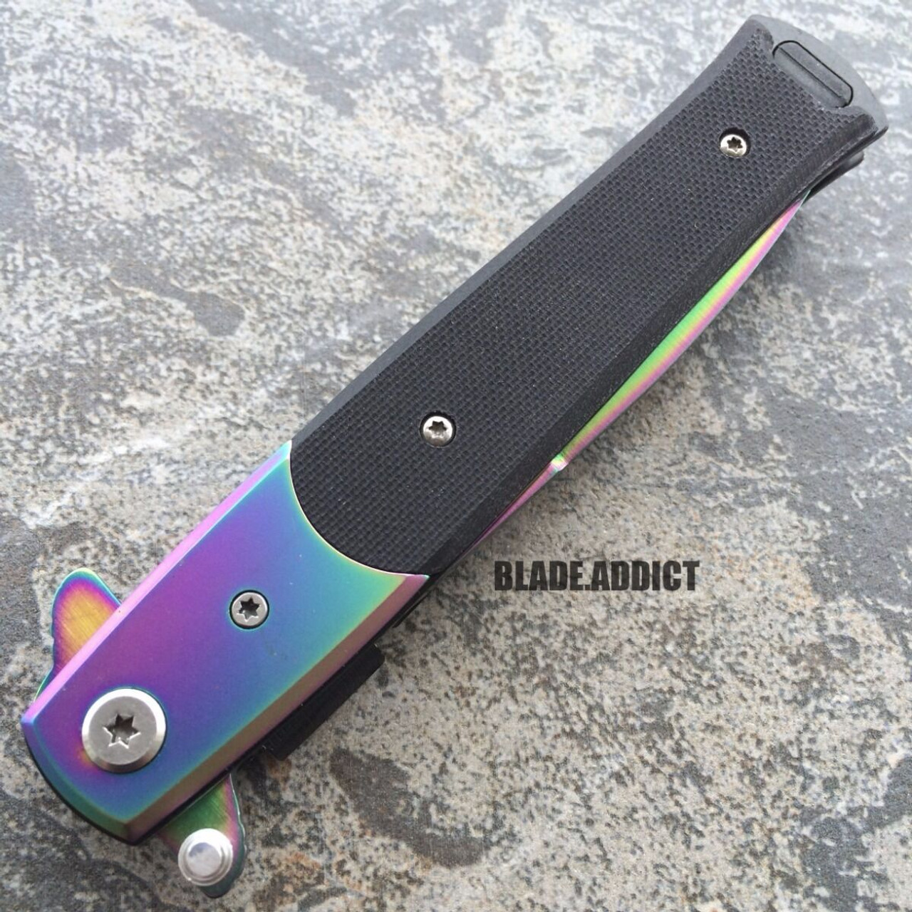 9 TAC-FORCE LARGE RAINBOW STILETTO SPRING ASSISTED FOLDING POCKET KNIFE  Open