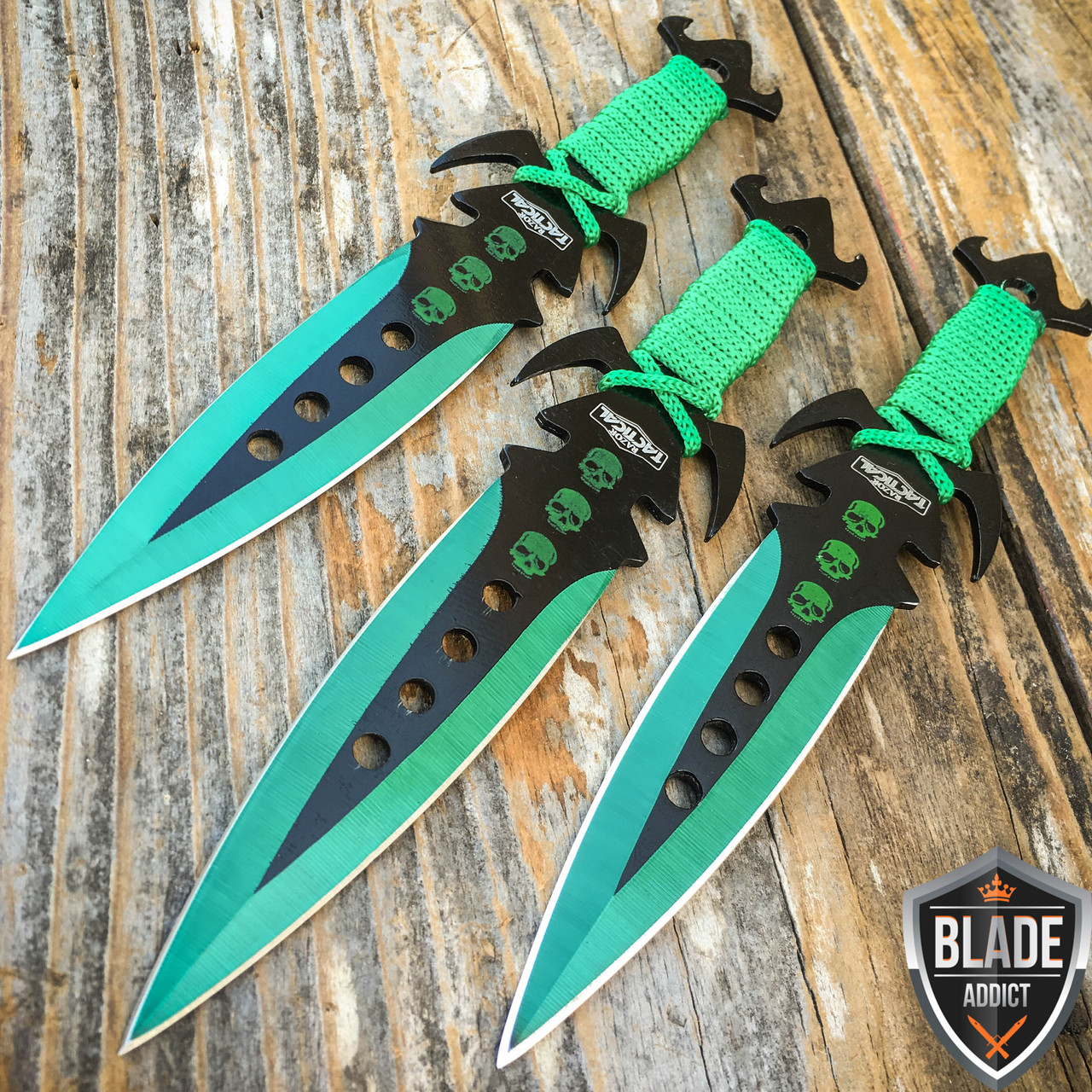 3Pc 7.5 Ninja Tactical Combat Kunai Throwing Knife Set W/Sheath GREEN  Hunting - MEGAKNIFE