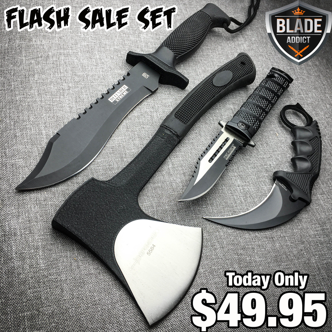 4PC Black Tactical Hunting Set - Flash Sale Special - MEGAKNIFE