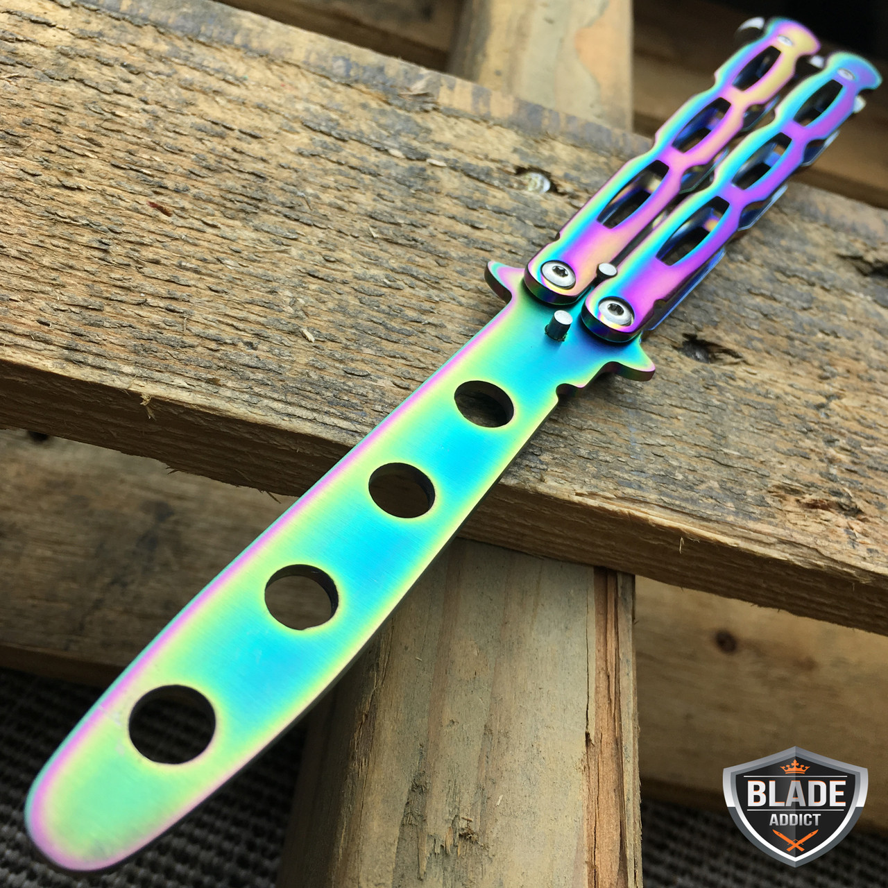 High Quality RAINBOW Practice BALISONG METAL BUTTERFLY Steel Trainer Knife NEW