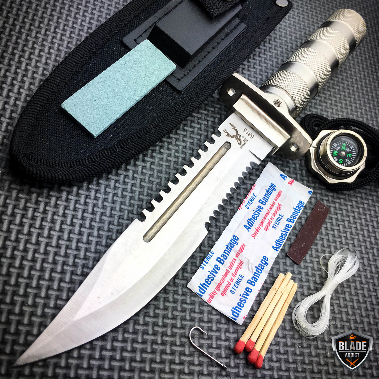 11 Tactical Fishing Hunting CAMPING Knife FIXED BLADE Bowie + Survival Kit  NEW - MEGAKNIFE