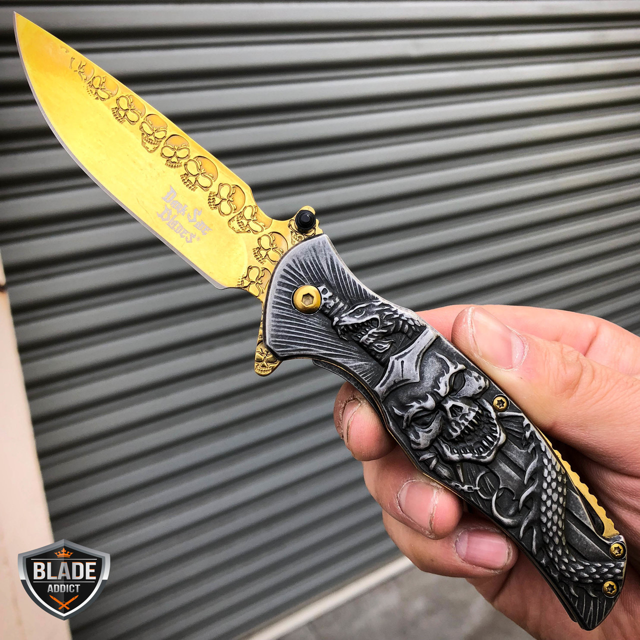 8 Tactical BLACK SKULL Spring Opening Assisted Folding Pocket Knife Blade