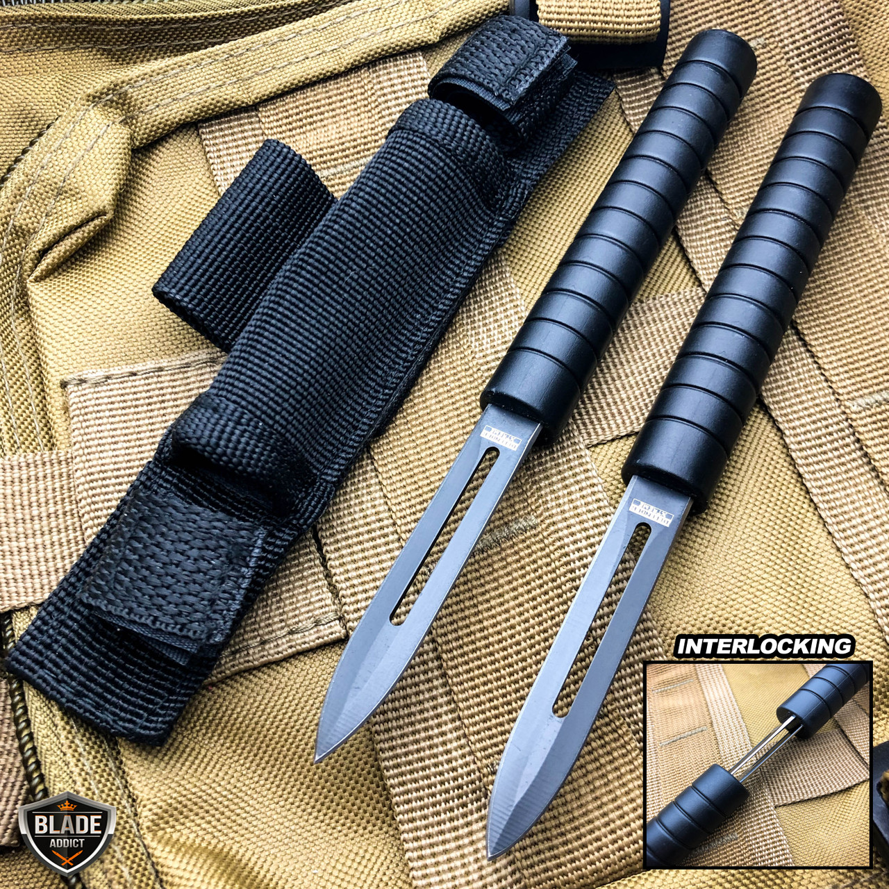 7.5 Interlocking Ninja Dual Blade Tactical Throwing Hunting Knife w/  Sheath - MEGAKNIFE