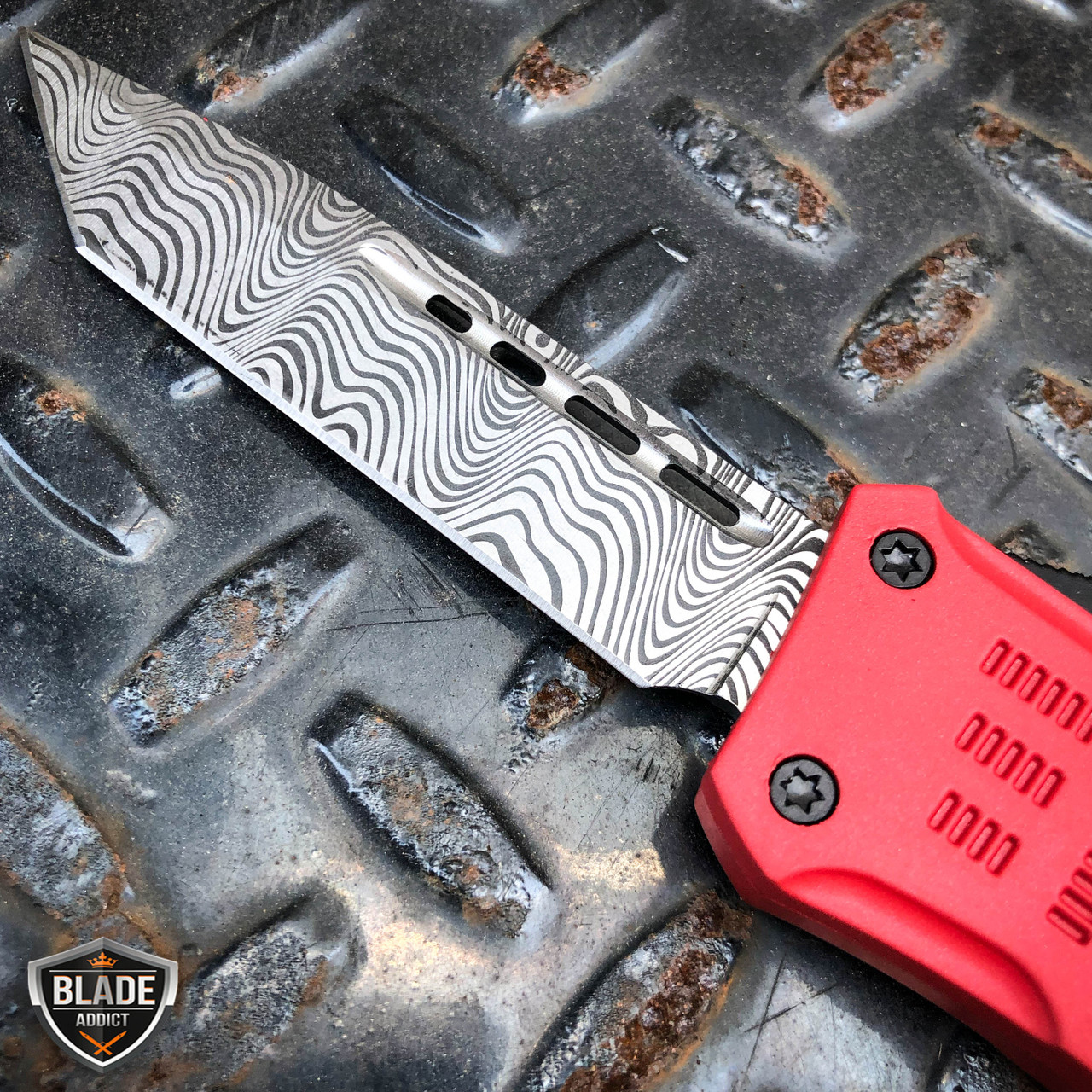 9 Damascus Rainbow STEEL Ghost OTF Tactical Pocket Knife - MEGAKNIFE