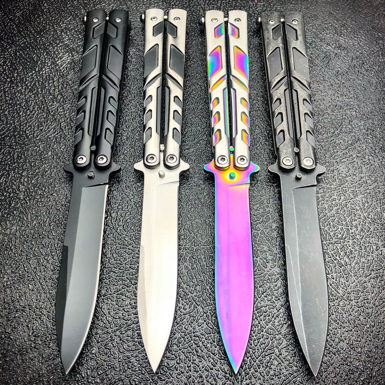 Metallic Rainbow Butterfly Knife - Sharp Rainbow Colored Balisong - Steel  Rainbow Butterfly Knives