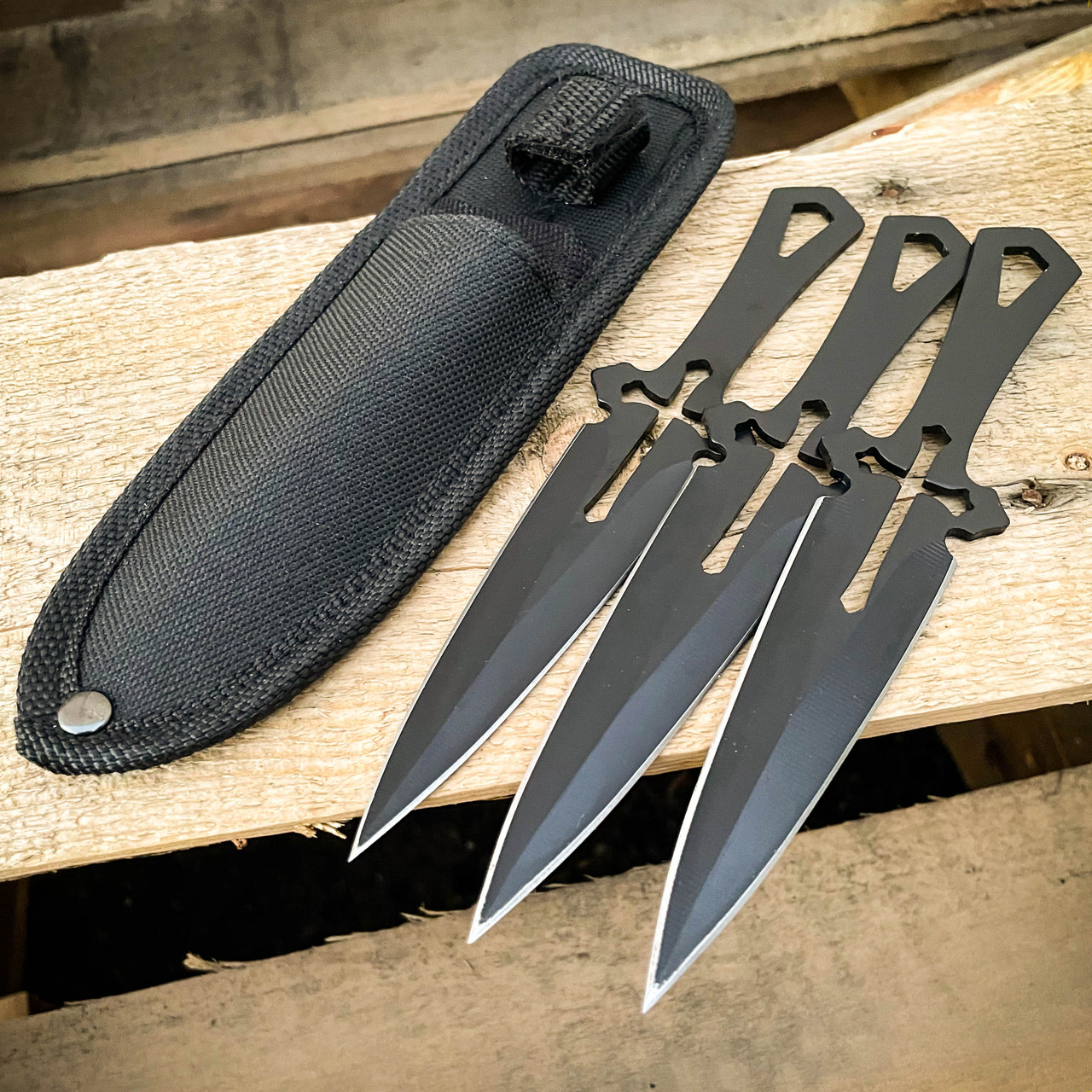 3Pc 6.5 Ninja Tactical Combat Ninjutsu Kunai Throwing Knife Set w/ Sheath  BLACK