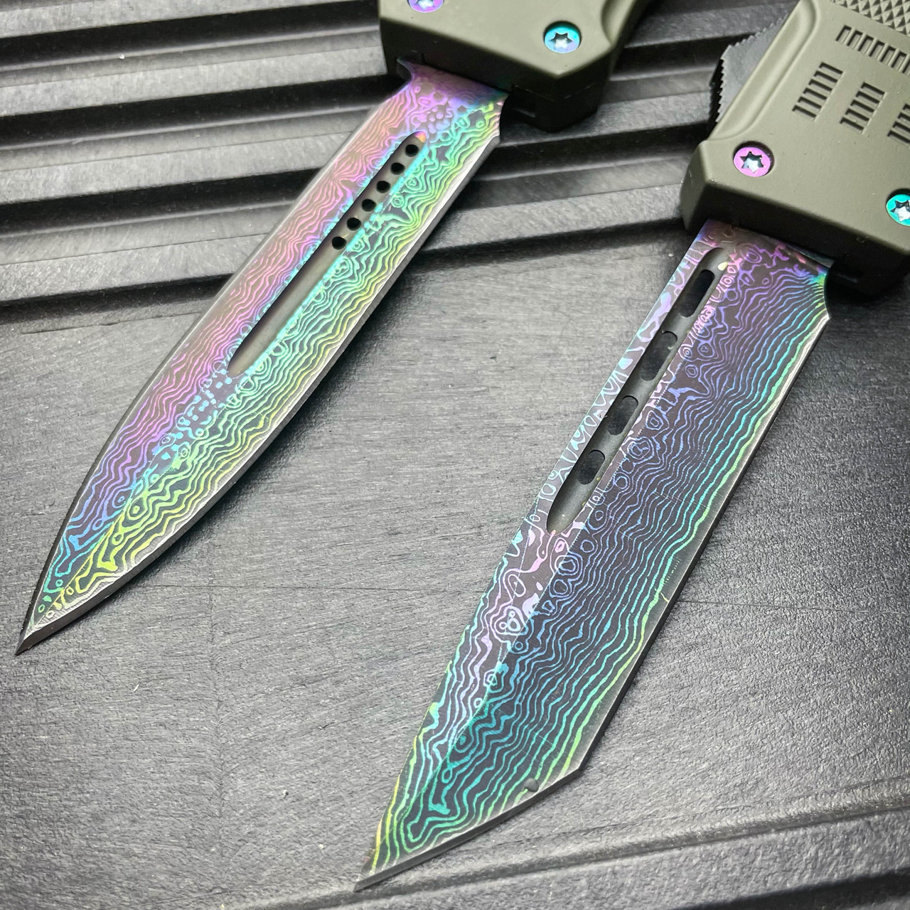 9 Damascus Rainbow STEEL Ghost OTF Tactical Pocket Knife - MEGAKNIFE