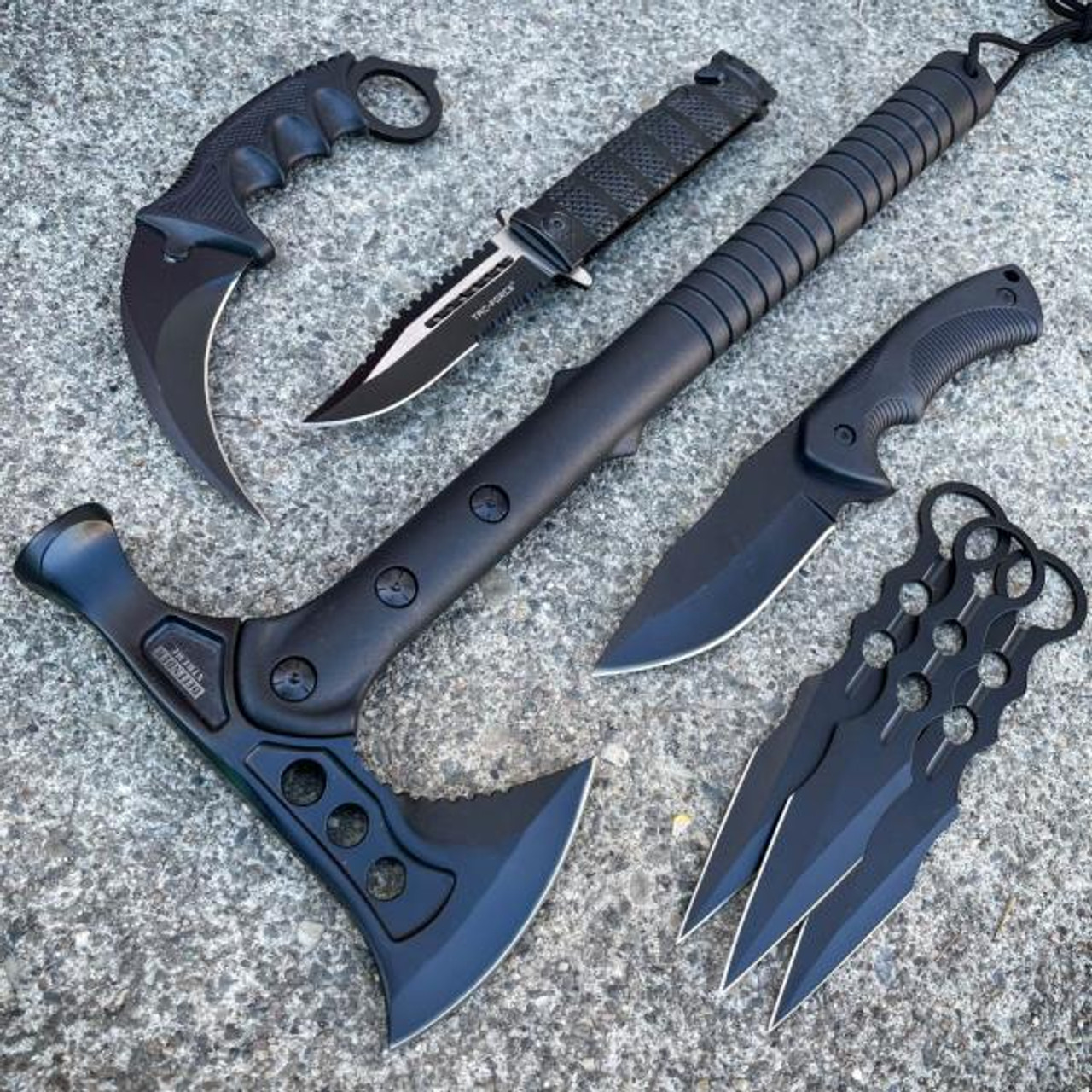 7PC Black Tactical Fixed Blade Tomahawk Axe Hatchet Karambit Pocket Knife  Set - MEGAKNIFE